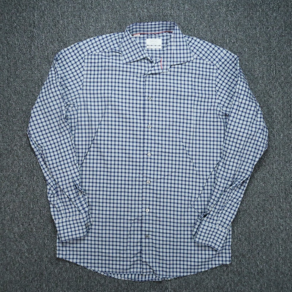 Eton Shirt Men Large 16 Blue Check Contemporary Long Sleeve Button Up